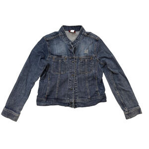 Vintage CAT Denim Jacket Womens Extra Large Blue Snap Front Stretch Workwear Y2K